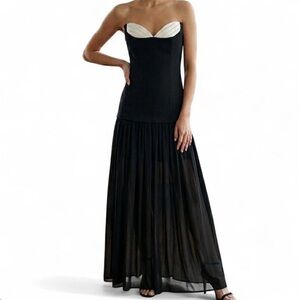 Selfie Leslie Saints & Secrets Black and Cream Strapless Chiffon Mesh Skirt Maxi